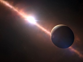 This artist’s view shows the planet Beta Pictoris b orbiting the young star Beta Pictoris. This exoplanet is the first to have its rotation rate measured. Its eight-hour day corresponds to an equatorial rotation speed of 100 000 kilometres/hour — much faster than any planet in the Solar System. (Photo: European Southern Observatory/Handout/QMI Agency)