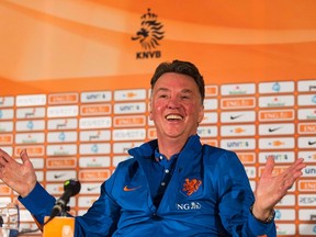 Netherlands coach Louis van Gaal reacts during a news conference in Hoenderloo May 13, 2014. The Dutch national soccer team is preparing for the World Cup 2014 in Brazil. (REUTERS)