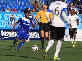 FC Edmonton's Hanson Boakai, shown here in action against the Montreal Impact in Game 1 of the Amway championship last week at Clarke Stadium, says he and his teammates are looking forward to the rematch with the Impact Wednesday in Montreal. (Trevor Robb, Edmonton Sun)