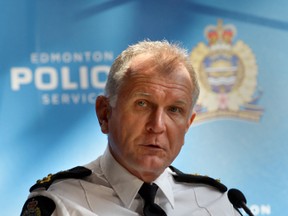 Edmonton Police Chief Rod Knecht speaks to the media during the launch of Crime Prevention Week at a new conference at police headquarters in Edmonton, Alberta on Tuesday, May 13, 2014.    Perry Mah/ Edmonton Sun