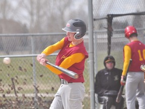 Lane Taylor of the PCI Trojans baseball teams swings at a pitch during the Trojans' doubleheader against Northlands Parkway Collegiate May 13. (Kevin Hirschfield/THE GRAPHIC/QMI AGENCY)
