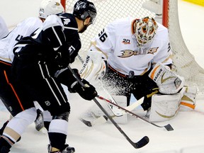 Anaheim Ducks rookie goalie John Gibson makes a save against the Los Angeles Kings. (Reuters)