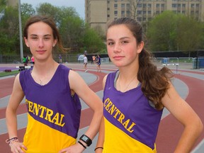 Charlotte Prouse, left, and Jessie Fleming are friends and have been running buddies since Grades 4 and 5. The pair start their run back to OFSAA with the TVRA Central meet Thursday and Friday. (Mike Hensen/The London Free Press)