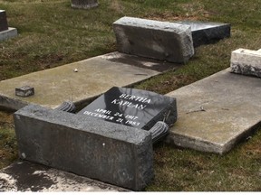 A visitor to the Hebrew Sick Benefit Association Cemetery on Mother's Day discovered that about 20 headstones had been damaged there sometime between May 9 and 11.