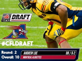 Queen's defensive back Andrew Lue was selected with the first pick of the second round, 10th overall, by the Montreal Alouettes in the CFL Draft on Tuesday night.