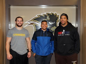 Bisons players Thomas Miles (left), Anthony Coombs and Evan Gill were all taken in the CFL Draft on Tuesday, two of them in the first round.
