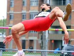 Leaugen Fray of Trenton High set three new meet records at the Bay of Quinte track and field championships Wednesday at MAS Park. (TIM MEEKS/The Intelligencer)