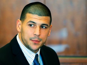 Former New England Patriots tight end Aaron Hernandez attends a pre-trial hearing at the Bristol County Superior Court in Fall River, Mass., Oct. 9, 2013. (Reuters)