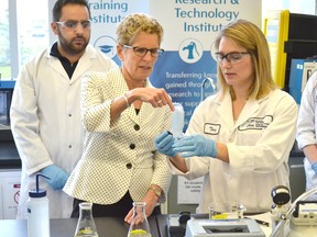 Ontario Liberal leader Kathleen Wynne got a first-hand look at the science behind the testing done at the Walkerton Clean Water Centre during a campaign stop Thursday. During a tour of the facility Wynne was given a brief overview of what occurs in the centre by staff members, such as scientist Tory Colling. PATRICK BALES/QMI