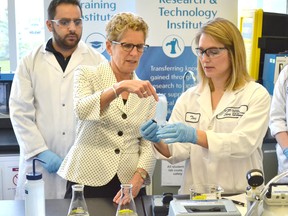 Ontario Liberal Leader Kathleen Wynne got a first-hand look at the science behind the testing done at the Walkerton Clean Water Centre during a campaign stop Thursday, May 15, 2014. During a tour of the facility, Wynne was given a brief overview of what occurs in the centre by staff members, such as scientist Tory Colling. 
PATRICK BALES/QMI AGENCY