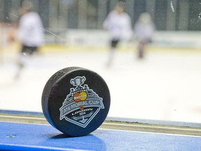 The 2014 Memorial Cup logo on a puck at Budweiser Gardens in London, Ontario on Thursday May 15, 2014. (CRAIG GLOVER, The London Free Press)