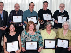 The Quinte Arts Council presented its 20th anniversary arts recognition awards Thursday, May 15, 2014 at the Travelodge Hotel in Belleville. Pictured are back row from left Mayor Neil Ellis, Rick Penner, Rob Kellough, Paul Johnson and Gerald Boyce. Front row from left Cara Hunter, Connie Yrjola, Barb Forgie and Liz Marshall. 
Janet Richards/The Intelligencer