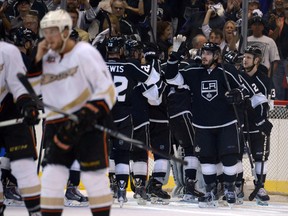 The Kings celebrates their 2-1 win over the Anaheim Ducks in Game 6 of their series on Wednesday night in Los Angeles. (USA TODAY SPORTS)