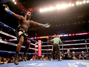 Bermane Stiverne celebrates his WBC heavyweight championship win over Chris Arreola last Saturday in Los Angeles. (AFP)
