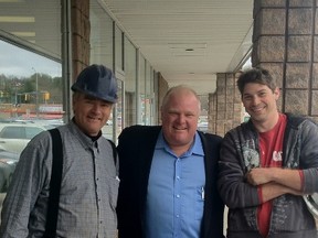 Mayor Rob Ford posing for a photo with construction workers in Bracebridge outside Marj's Homestyle Cafe on May 16, 2014. (Photo courtesy Marj's Homestyle Cafe)
