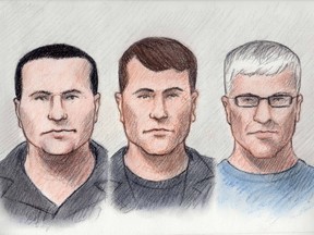 Project Amethyst accused, from left to right, Stephen Parrish, Benedetto Manasseri and Gary Saikaley as they appeared via video. QMI Agency file photo
