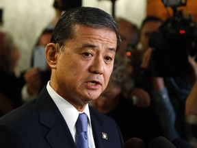 U.S. Department of Veterans Affairs Secretary Eric Shinseki addresses reporters after testifying before a Senate Veterans Affairs Committee hearing on VA health care, on Capitol Hill in Washington May 15, 2014. (REUTERS/Jonathan Ernst)