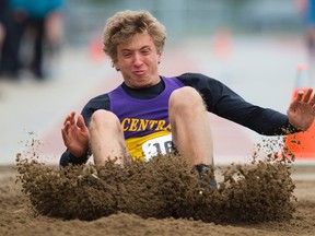 Simon Dobransky of Central lands a jump during the senior boys long jump during the second day of the Thames Valley Regional Athletics Central track and field meet (MIKE HENSEN, The London Free Press)