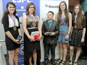 From left, Team Quinte at the Canada-wide Science Fair: Holly Tetzlaff, Theresa DeCola, Cameron Bourdeau Caroline Burchat, Anna Supryka. 
Submitted photo