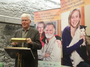 David Pattenden, director of the W.J. Henderson Foundation, announces donations to Hotel Dieu Hospital and the Southern Frontenac Community Services Corporation during a ceremony at the hospital on Thursday. (Michael Lea/The Whig-Standard)