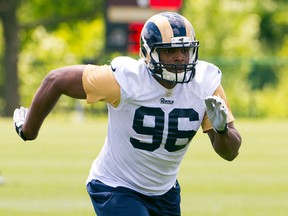 St. Louis Rams defensive end Michael Sam (96) during rookie minicamp at Rams Park. (Scott Rovak-USA TODAY Sports)