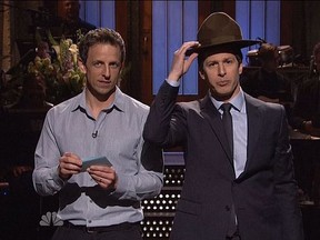 Seth Meyers came out to see if Samberg could do more impressions than one-time star Bill Hader, which included Ryan Reynolds and Jim Carrey. (Photo courtesy NBC)