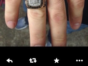 Former London Knights player Rob Schremp tweeted out this photograph of his missing Memorial Cup championship ring.