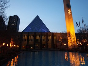 In just under 100 days, the City of Champions will host the final leg of the triathlon event on the Labour Day weekend. The pyramid at City Hall was lit a shade of blue to signify the blue-carpeted transition zone where athletes go to change out of their swimming gear into their biking gear, and from bike to running gear. Photo submitted.