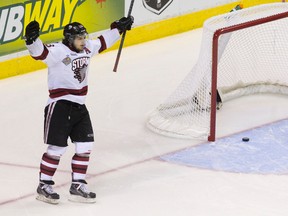 Guelph Storm forward Zack Mitchell celebrates a goal against the Val d?Or Foreurs during their Memorial Cup game at Budweiser Gardens on Monday. (CRAIG GLOVER, The London Free Press)