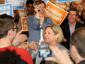 Ontario NDP Leader Andrea Horwath made a campaign stop in Kingston on Saturday to support Kingston-area candidates Mary Rita Holland and Dave Parkhill, as well as to speak to the crowd gathered at the Agnes Etherington Art Centre about the NDP's new ‘Open Schools’ plan to help renovate, re-purpose and keep community schools open. Julia McKay/The Whig-Standard