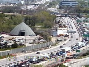 Traffic remains snarled through much of Ottawa on the eastbound Hwy. 417 Tuesday at noon-hour after a morning crash involving a truck spilled diesel fuel along the highway at the St. Laurent exit. (MTO traffic camera image)