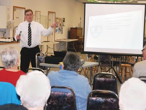 Ron Riemann, from the Lethbridge Better Business Bureau, discusses ways people can protect themselves from scam artists. His presentation was part of the annual senior conference and resource fair, which was held May 12 at the Vulcan Senior Centre. 
Simon Ducatel Vulcan Advocate