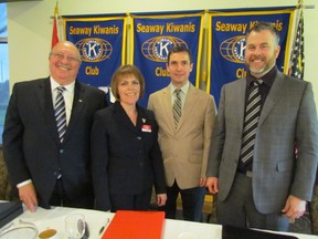 Sarnia-Lambton's provincial candidates gathered Tuesday at the Sarnia Golf and Curling Club for an all-candidates meeting hosted by the Seaway Kiwanis and the Sarnia Lambton Chamber of Commerce. From left, PC Bob Bailey, Liberal Anne-Marie Gillis, Kevin Shaw of the Green Party, and Brian White of the NDP. (PAUL MORDEN, The Observer)