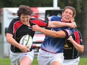 Napanee’s Brittany Benn carries the ball for Canada during a women’s rugby game against the United States in the Can Am Series in Langford, B.C., in April. (Supplied photo)