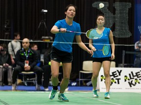 Reigning women’s doubles champions Jessica Yu (left) and Powin Lau were active and successful during the successful campaign to keep the Alberta Colleges Athletic Conference badminton program alive and see it finally restored as a full member of the Canadian College Athletic Conference national picture. (Supplied)