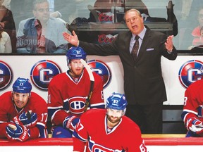 Montreal Canadiens coach Michel Therrien gets animated behind the bench during Game 2 versus the New York Rangers on Monday. (Martin Chevalier/QMI Agency)