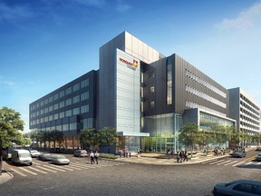 An artists conception of NorQuest College's new four-storey North Learning Centre viewed from 103 Ave and Capital Blvd.