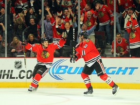 The Blackhawks will be without centre Andrew Shaw (left) for a seventh straight game in the playoffs Wednesday night. (Dennis Wierzbicki/USA TODAY Sports/Files)