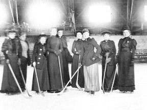 Four-foot-11 Amelia (Milly) Harris, third from left, poses with other women players at the old Princess Rink, possibly on March 17, 1893. (Western Archives)