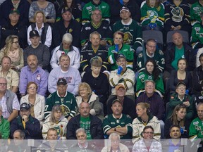 Despondent London Knights fans, including mayor Joe Fontana (third from left bottom row) watch a video replay the Guelph Storm's opening goal of  game six of the Memorial Cup between the London Knights and the Guelph Storm  in London, Ont. on Tuesday May 21, 2014. DEREK RUTTAN/London Free Press/QMI Agency