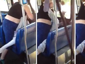 Mounties say the suspect refused to pay for her bus ride and threw a drink at a young boy as another commuter filmed the fierce reaction of the boy’s mom. (SCREEN GRAB FACEBOOK.COM)