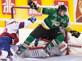 Val D'Or Foreurs captain Samuel Henley is sent crashing into Edmonton Oil Kings goalie Tristan Jarry  by Brett Pollock after Henley scored during  Memorial Cup action in London, Ont., on Tuesday, May 20, 2014. (Derek Ruttan/QMI Agency)