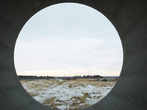 A snow-covered field being prepared for urban  development is seen along McKenney Avenue in St. Albert, Alberta, through a concrete pipe on Jan. 2, 2012. Low levels of snow pack has farmers and others raising the possibility of drought in the summer of 2012. IAN KUCERAK/EDMONTON SUN/QMI AGENCY