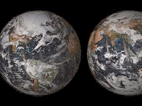The Global Selfie mosaic, hosted by GigaPan, was made with 36,422 individual images that were posted to social media sites on or around Earth Day, April 22, 2014. 
Photo from NASA website