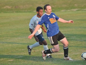 Anthony Bryson of the Portage Aeros gets to the ball during the Aeros' game against U18 Bonivital United May 22. (Kevin Hirschfield/The Graphic)