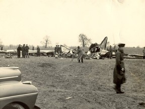 The wreckage of American Airlines Flight 1, which crashed Oct. 30, 1941 on the Thompson Howe farm east of Lawrence Station, killing all 20 persons aboard. (Courtesy of Elgin County Archives)