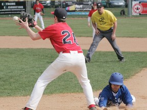 A member of the Stony Royals dives safely back into first base, well ahead of the pick-off throw from the pitcher, during his team’s game against the St. Albert midget AA Cardinals. While the Royals hung with the older team for a while, their inexperience cost them in the end, in a 10-3 loss. - Gord Montgomery, Reporter/Examiner