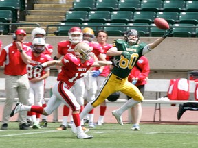 Receiver Colby Miller had only one pass thrown to him during the Senior Bowl, played at Commonwealth Stadium on May 19, but he made a great one-handed catch in front of a defender, to pick up a first down on the 40-yard gain. The North team came from behind to post a 14-10 victory and even the overall series at 12-12-1. - Gord Montgomery, Reporter/Examiner