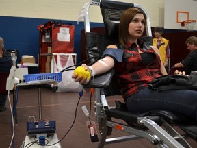 Patricia Pinto, of Stony Plain, was a first time blood donor during this clinic at the TransAlta Tri Leisure Centre in Spruce Grove in 2013. - Thomas Miller, File Photo