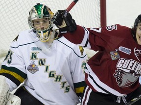 Guelph Storm forward Tyler Bertuzzi celebrates a third period goal in front of London Knights goalie Jake Patterson during game six of  the Memorial Cup in London, Ont. on Tuesday. (DEREK RUTTAN, The London Free Press)
